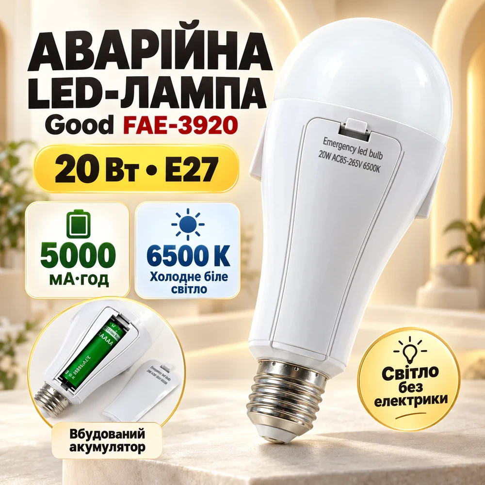 Аварійна LED лампа з акумулятором FAE-3920 E27 20 Вт 6500K 5000 мАг