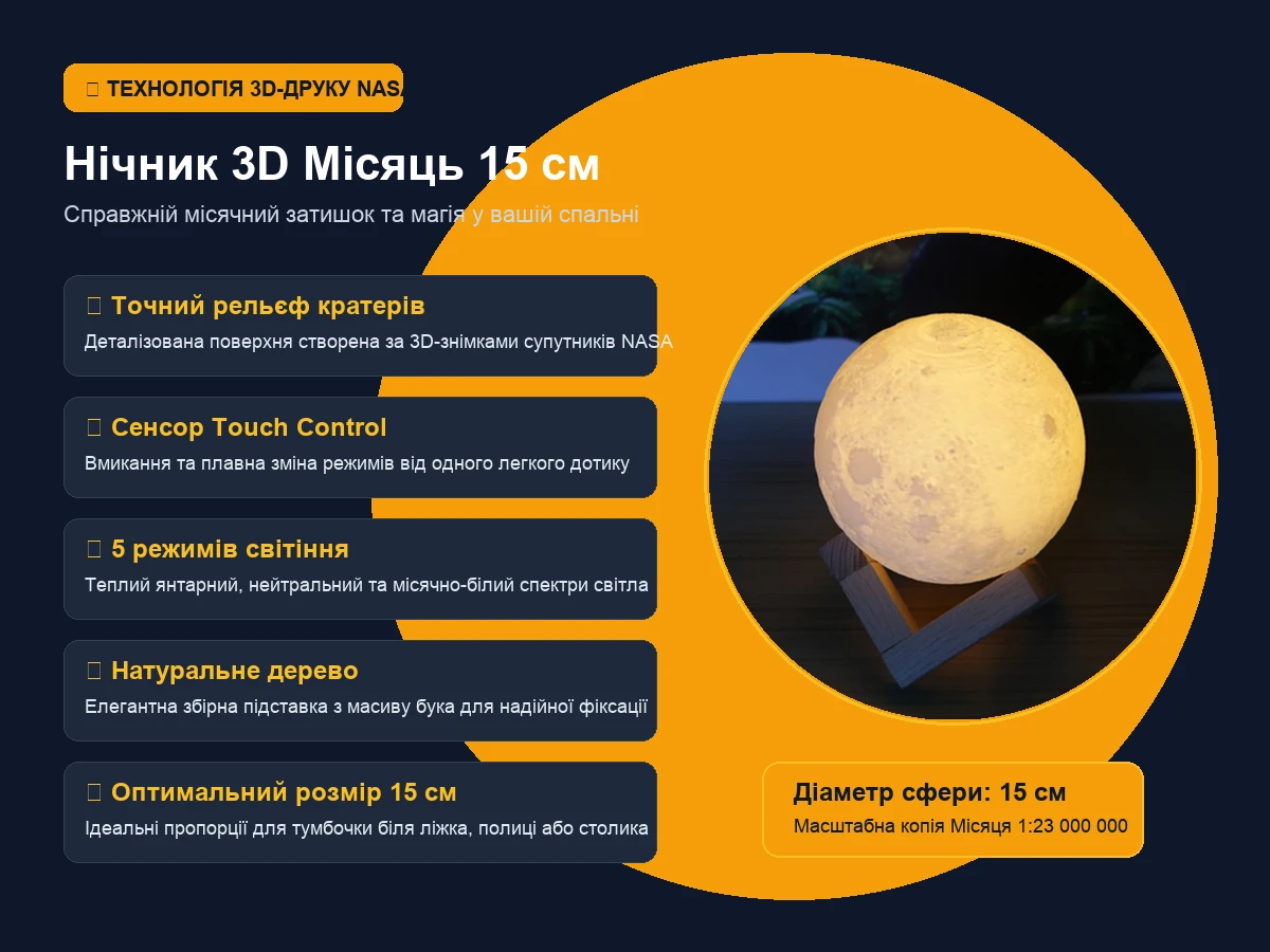 Інфографіка характеристик 3D місяця 15 см