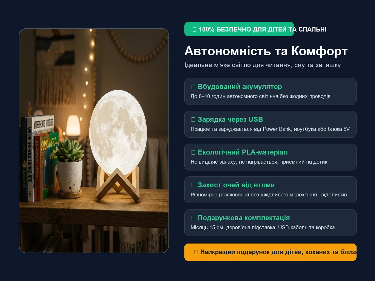 Автономність та безпека світильника місяць