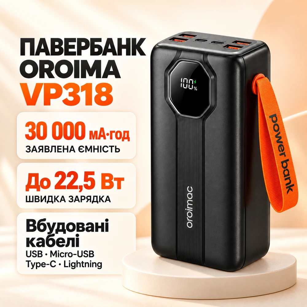 Потужний Power Bank Aroimac VP318 30000 mAh зі швидкою зарядкою 22.5W та 4 кабелями