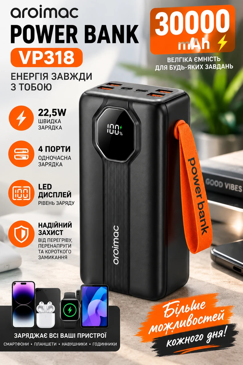Інфографіка можливостей павербанка Aroimac VP318 30000 mAh