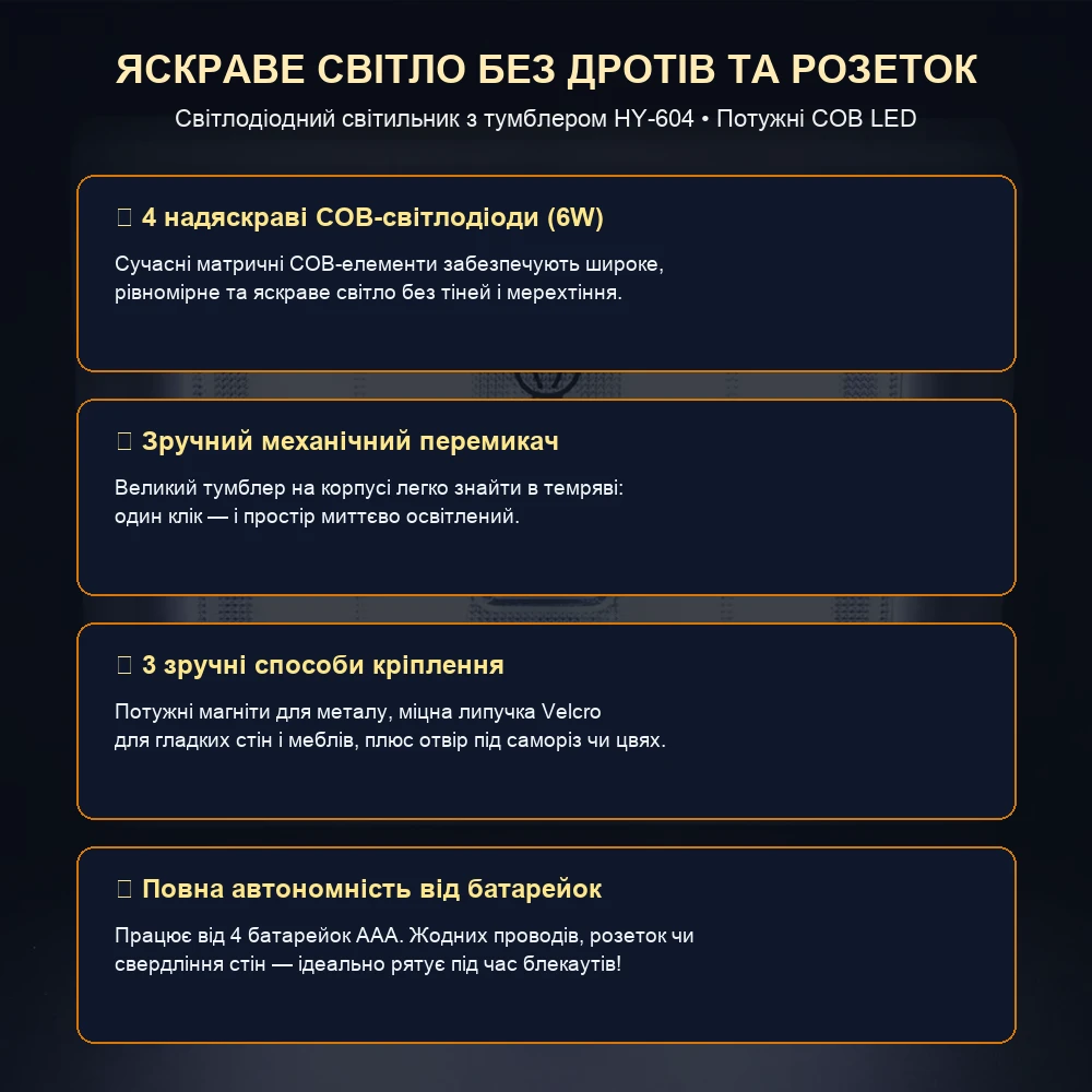 Світильник вимикач з тумблером HY-604 переваги COB світла